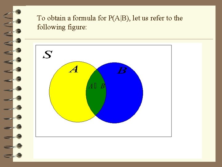 To obtain a formula for P(A|B), let us refer to the following figure: 