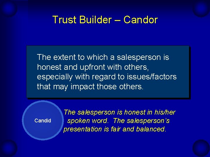 Trust Builder – Candor The extent to which a salesperson is honest and upfront