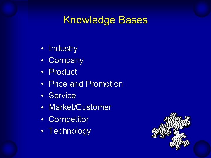 Knowledge Bases • • Industry Company Product Price and Promotion Service Market/Customer Competitor Technology