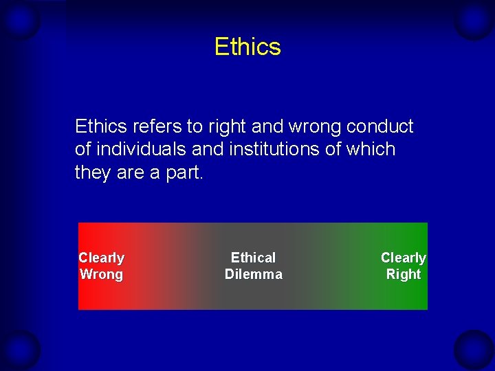 Ethics refers to right and wrong conduct of individuals and institutions of which they
