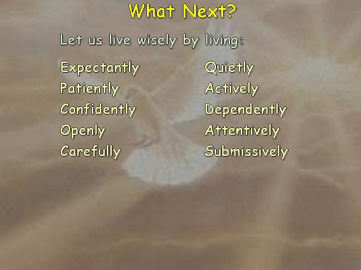 What Next? Let us live wisely by living: Expectantly Patiently Confidently Openly Carefully Quietly