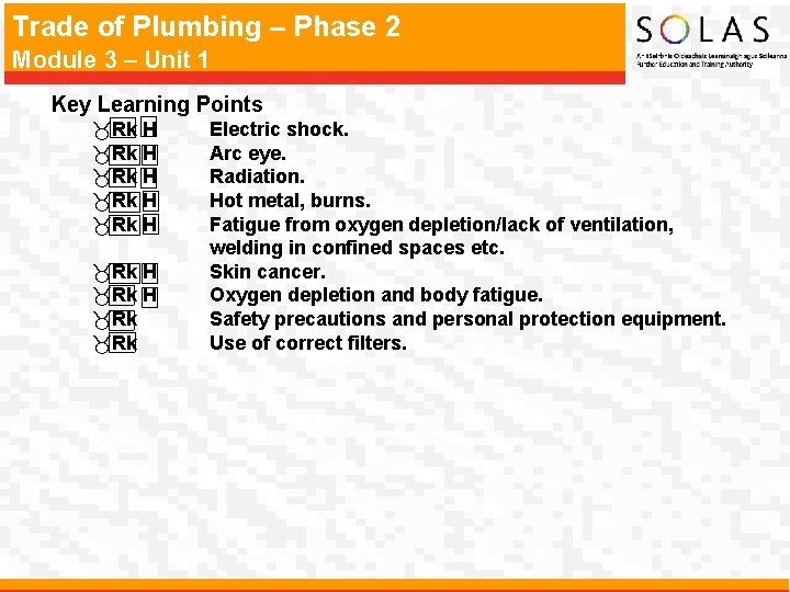 Trade of Plumbing – Phase 2 Module 3 – Unit 1 Key Learning Points