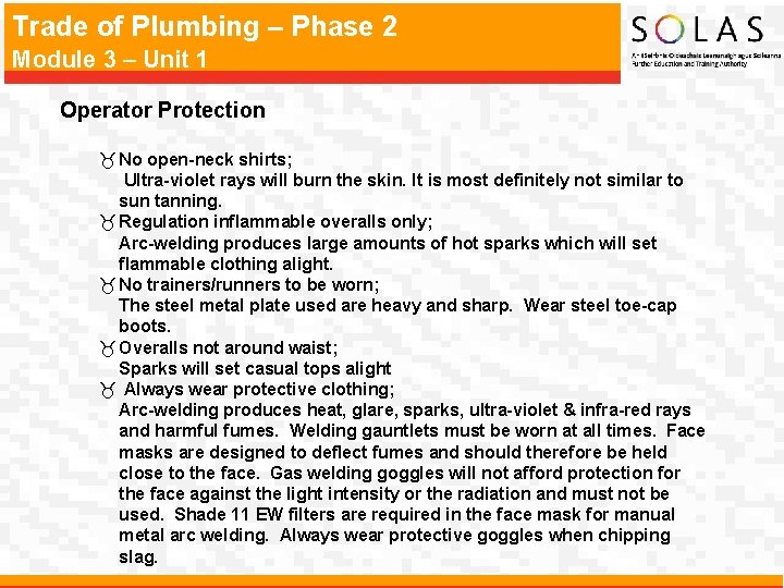 Trade of Plumbing – Phase 2 Module 3 – Unit 1 Operator Protection _