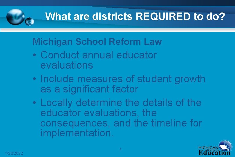 What are districts REQUIRED to do? Michigan School Reform Law • Conduct annual educator