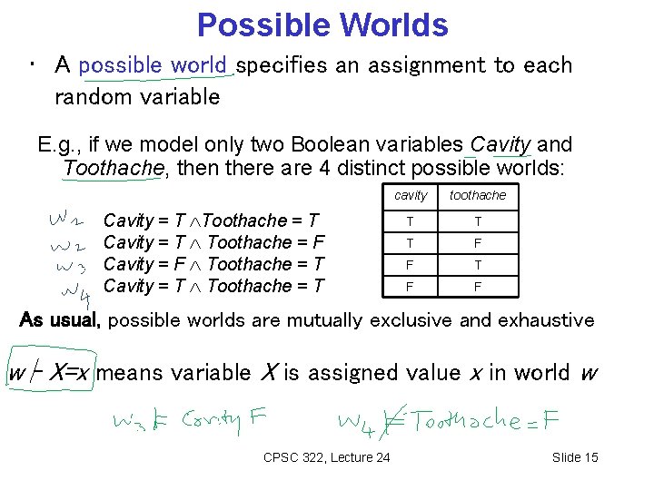 Possible Worlds • A possible world specifies an assignment to each random variable E.