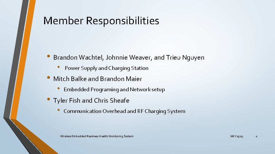Member Responsibilities • Brandon Wachtel, Johnnie Weaver, and Trieu Nguyen • Power Supply and Member Responsibilities • Brandon Wachtel, Johnnie Weaver, and Trieu Nguyen • Power Supply and