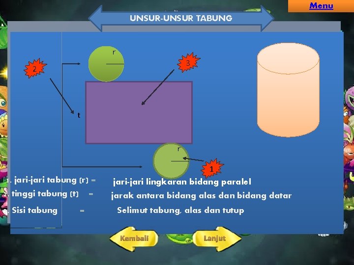 Menu UNSUR-UNSUR TABUNG r 3 2 t r 1. jari-jari tabung (r) = 1 Menu UNSUR-UNSUR TABUNG r 3 2 t r 1. jari-jari tabung (r) = 1
