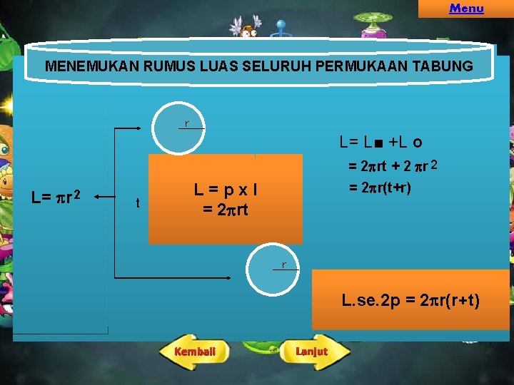 Menu MENEMUKAN RUMUS LUAS SELURUH PERMUKAAN TABUNG r L= L■ +L Ο L= r Menu MENEMUKAN RUMUS LUAS SELURUH PERMUKAAN TABUNG r L= L■ +L Ο L= r