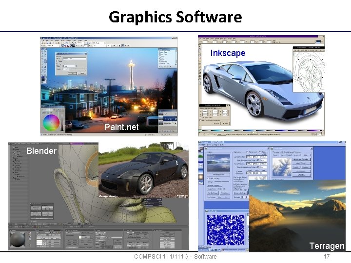 Graphics Software Inkscape Paint. net Blender Terragen COMPSCI 111/111 G - Software 17 