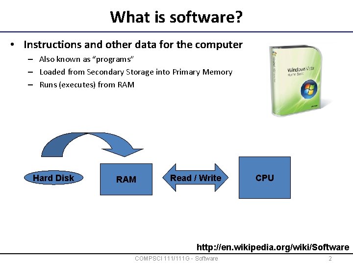 What is software? • Instructions and other data for the computer – Also known
