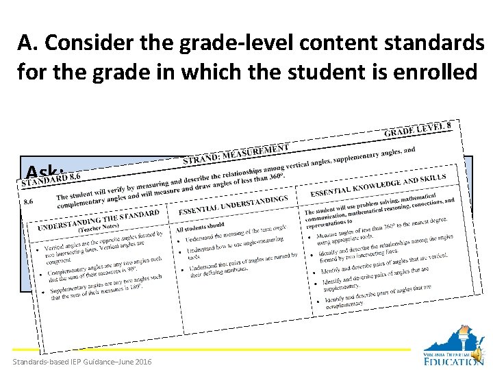 A. Consider the grade-level content standards for the grade in which the student is