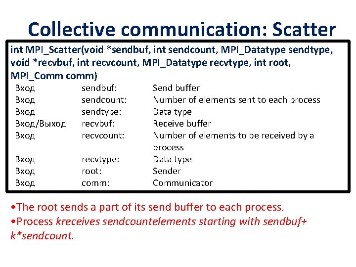 Collective communication: Scatter int MPI_Scatter(void *sendbuf, int sendcount, MPI_Datatype sendtype, void *recvbuf, int recvcount,