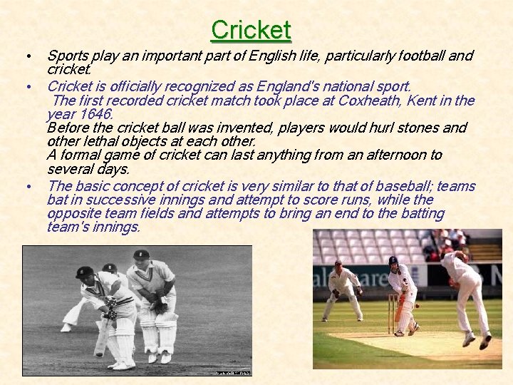 Cricket • Sports play an important part of English life, particularly football and cricket.