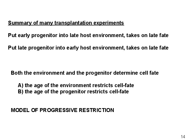 Summary of many transplantation experiments Put early progenitor into late host environment, takes on