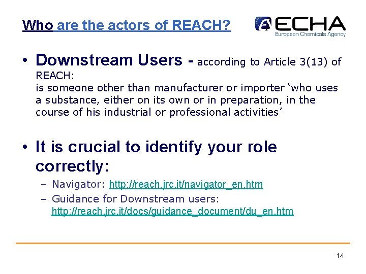 Who are the actors of REACH? • Downstream Users - according to Article 3(13)