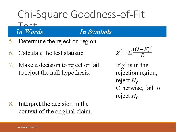 Chi-Square Goodness-of-Fit Test In Words In Symbols 5. Determine the rejection region. 6. Calculate