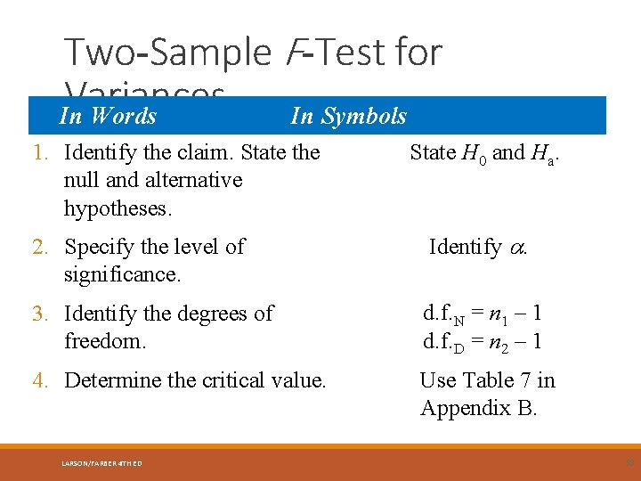 Two-Sample F-Test for Variances In Words In Symbols 1. Identify the claim. State the