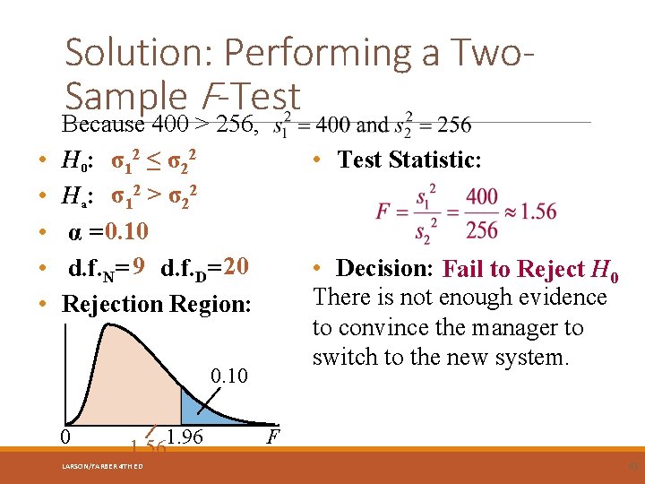 Solution: Performing a Two. Sample F-Test • • • Because 400 > 256, H
