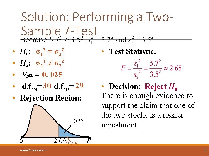 Solution: Performing a Two. Sample F -Test Because 5. 7 > 3. 5 ,