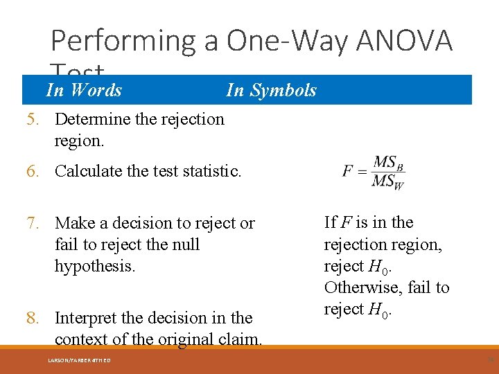 Performing a One-Way ANOVA Test In Words In Symbols 5. Determine the rejection region.