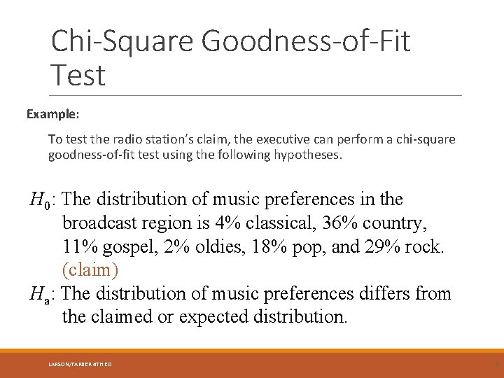 Chi-Square Goodness-of-Fit Test Example: To test the radio station’s claim, the executive can perform