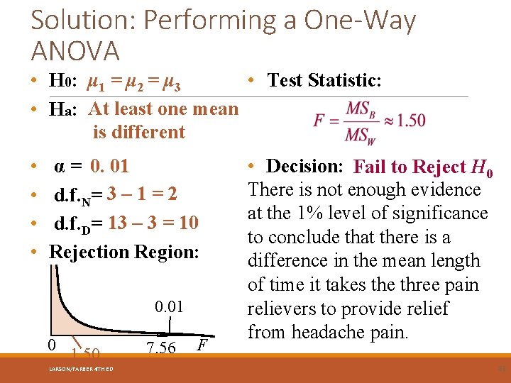 Solution: Performing a One-Way ANOVA • H 0: μ 1 = μ 2 =