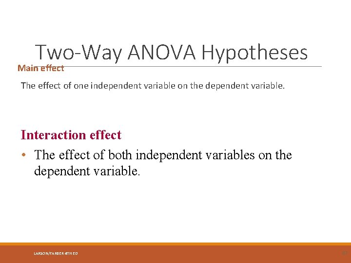 Two-Way ANOVA Hypotheses Main effect The effect of one independent variable on the dependent