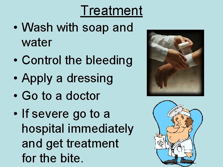 Treatment • Wash with soap and water • Control the bleeding • Apply a