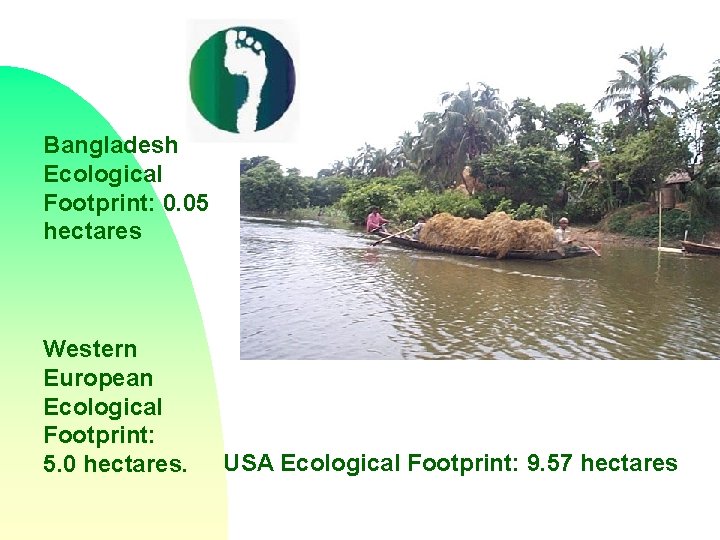 Bangladesh Ecological Footprint: 0. 05 hectares Western European Ecological Footprint: 5. 0 hectares. USA