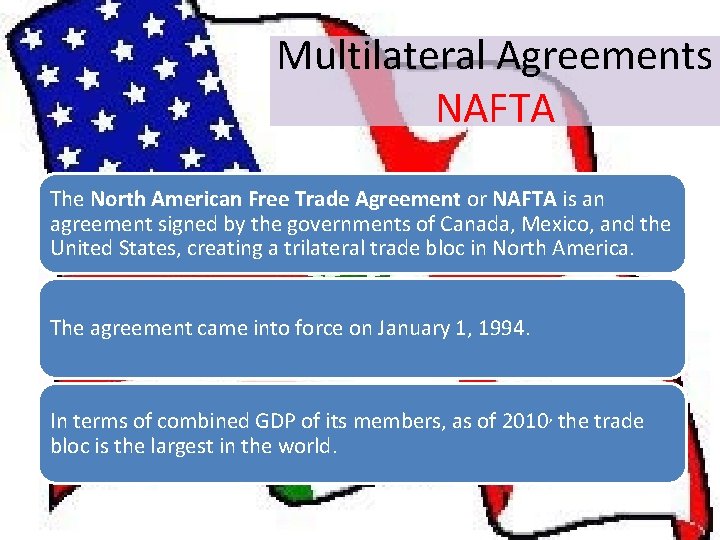 Multilateral Agreements NAFTA The North American Free Trade Agreement or NAFTA is an agreement