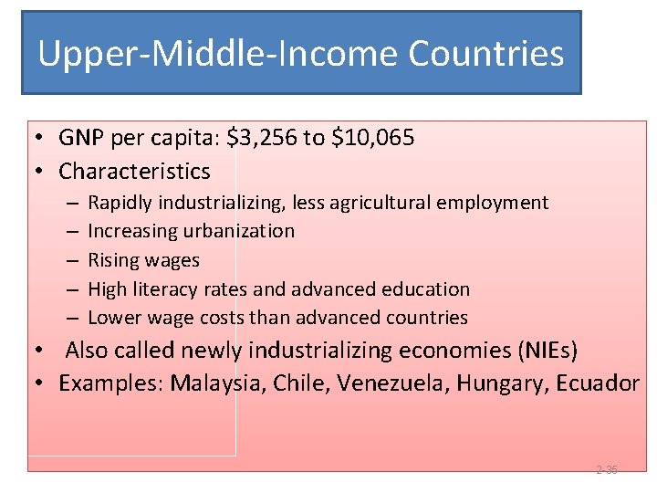 Upper-Middle-Income Countries • GNP per capita: $3, 256 to $10, 065 • Characteristics –
