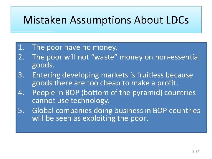 Mistaken Assumptions About LDCs 1. The poor have no money. 2. The poor will
