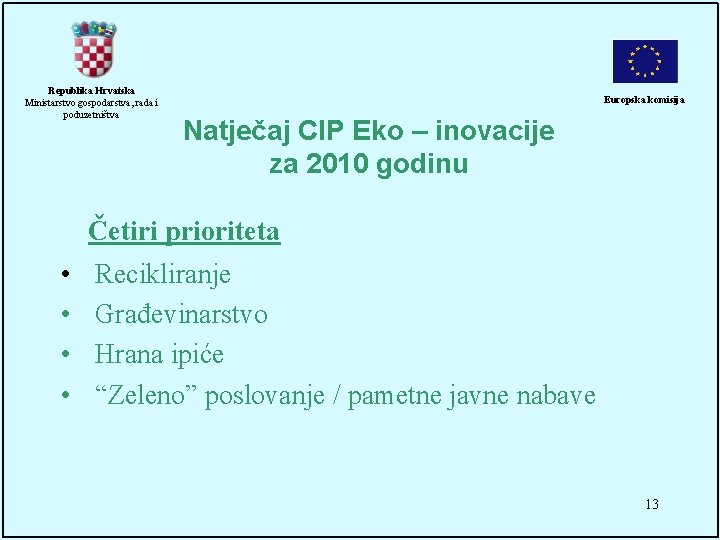 Republika Hrvatska Ministarstvo gospodarstva, rada i poduzetništva Europska komisija Natječaj CIP Eko – inovacije