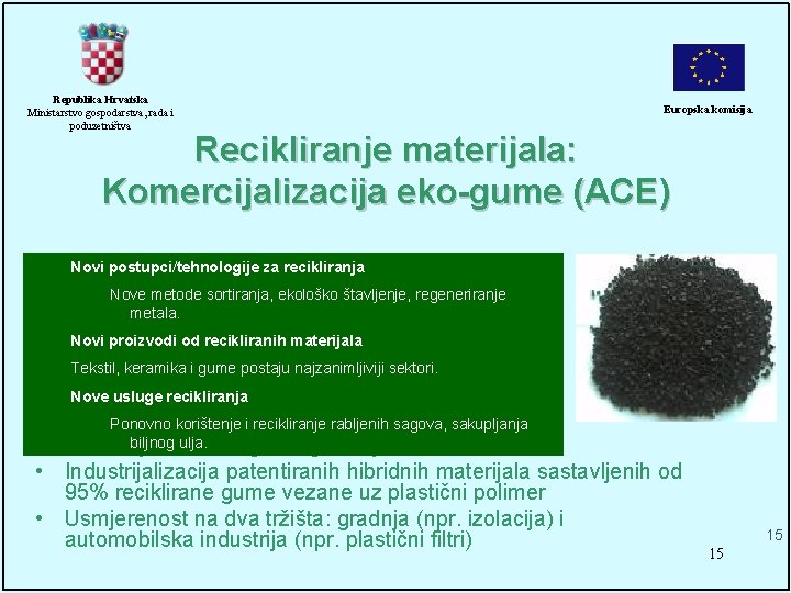 Republika Hrvatska Ministarstvo gospodarstva, rada i poduzetništva Europska komisija Recikliranje materijala: Komercijalizacija eko-gume (ACE)