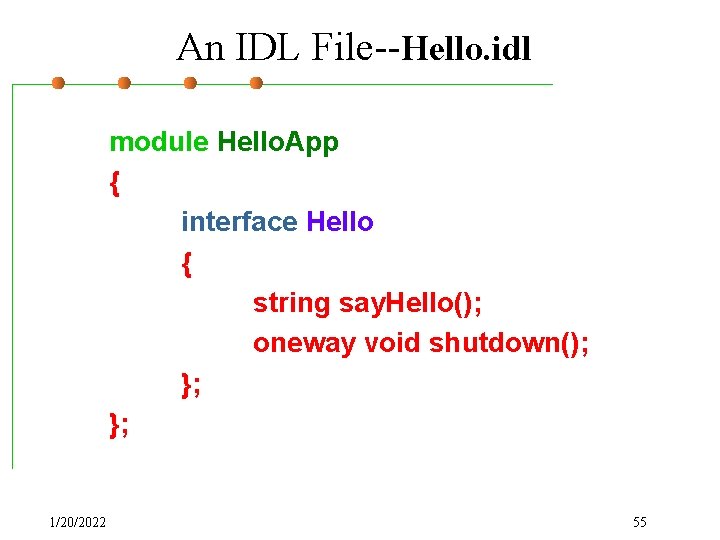 An IDL File--Hello. idl module Hello. App { interface Hello { string say. Hello();