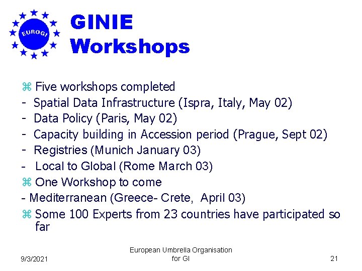 GINIE Workshops z Five workshops completed - Spatial Data Infrastructure (Ispra, Italy, May 02)