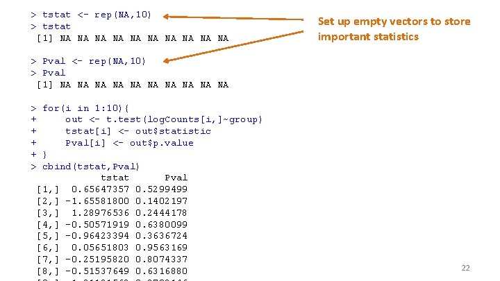 > tstat <- rep(NA, 10) > tstat [1] NA NA NA Set up empty