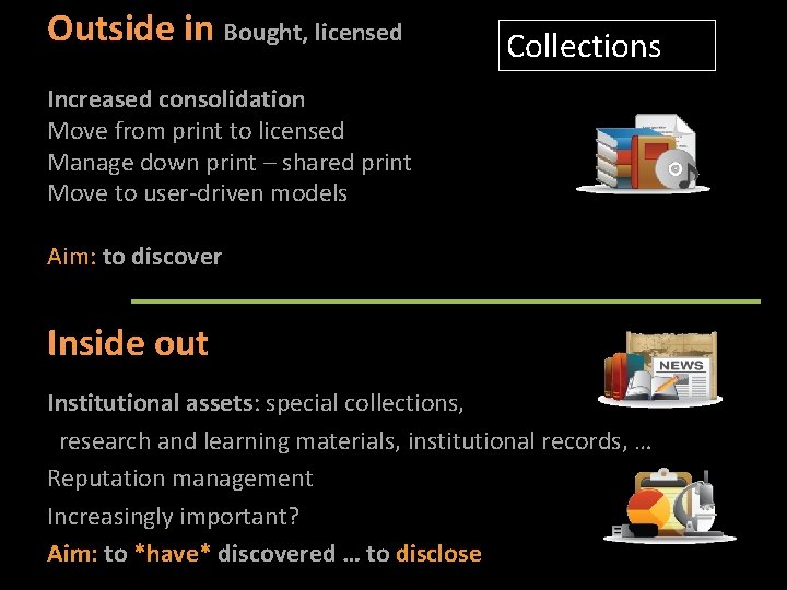 Outside in Bought, licensed Collections Increased consolidation Move from print to licensed Manage down