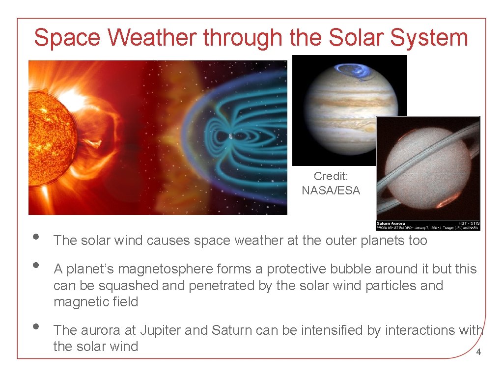 Space Weather through the Solar System Credit: NASA/ESA • • • The solar wind