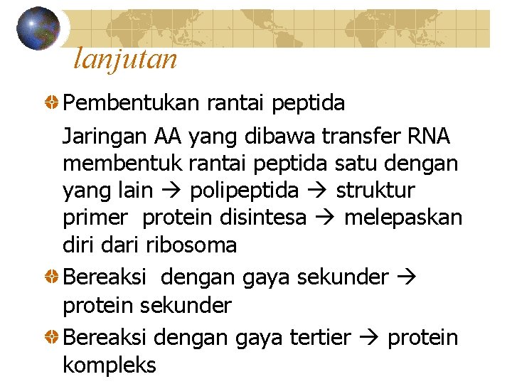lanjutan Pembentukan rantai peptida Jaringan AA yang dibawa transfer RNA membentuk rantai peptida satu