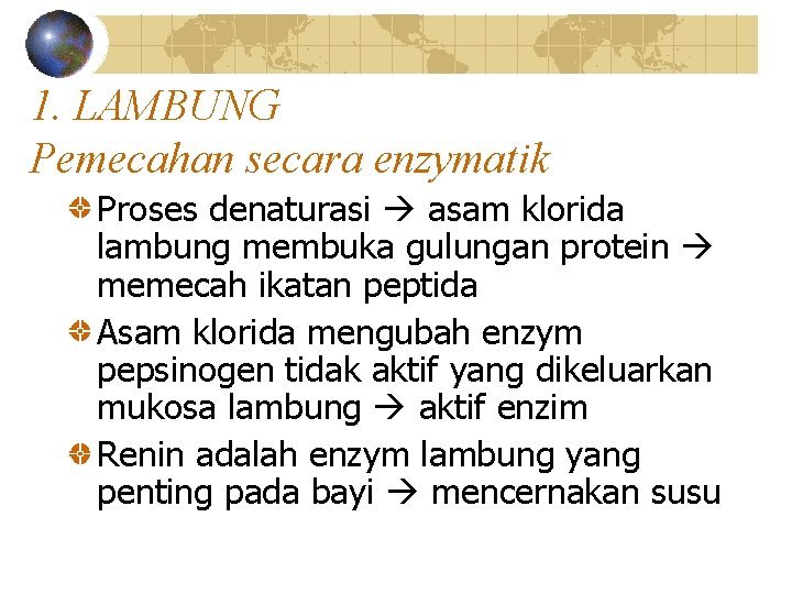 1. LAMBUNG Pemecahan secara enzymatik Proses denaturasi asam klorida lambung membuka gulungan protein memecah