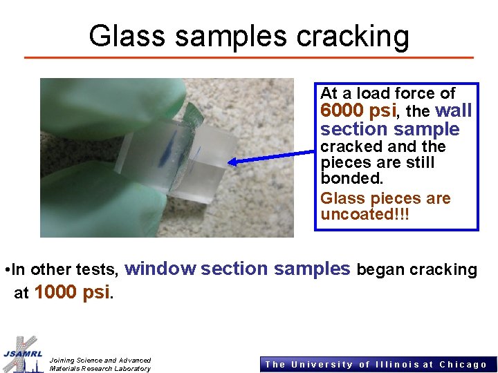 Glass samples cracking At a load force of 6000 psi, the wall section sample