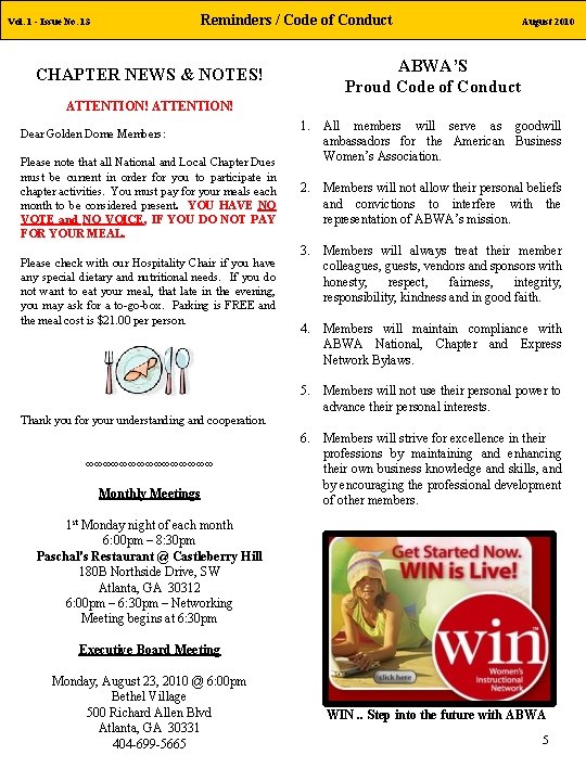 Reminders / Code of Conduct Vol. 1 - Issue No. 13 August 2010 ABWA’S
