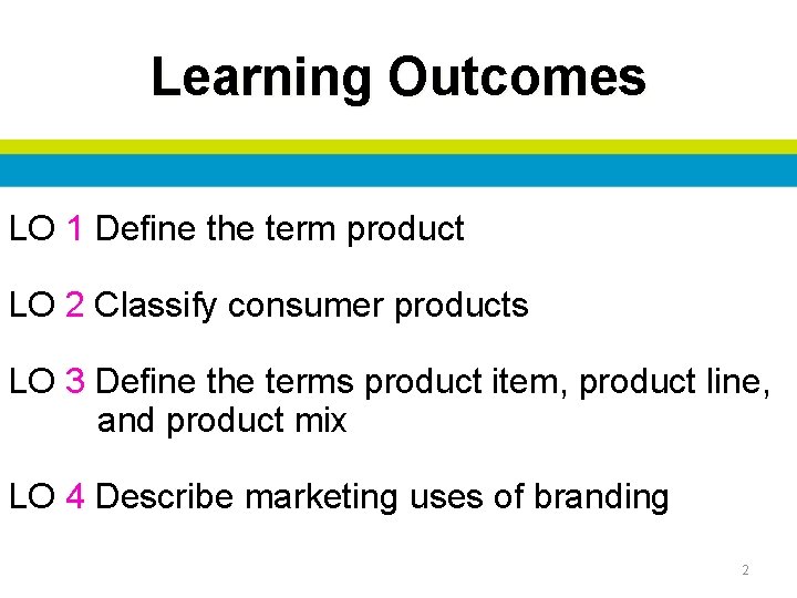 Learning Outcomes LO 1 Define the term product LO 2 Classify consumer products LO