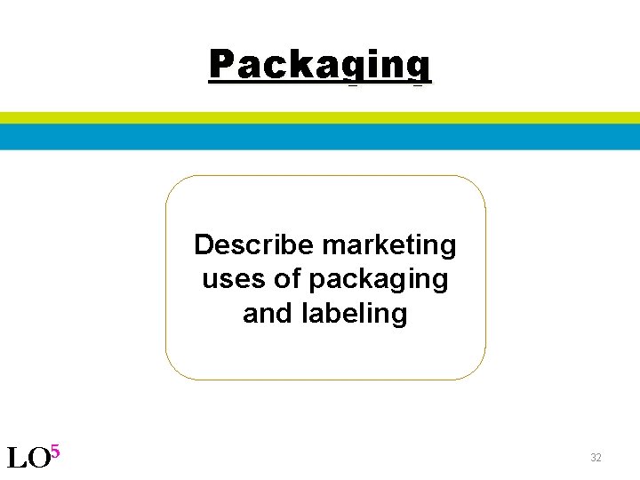 Packaging Describe marketing uses of packaging and labeling LO 5 32 