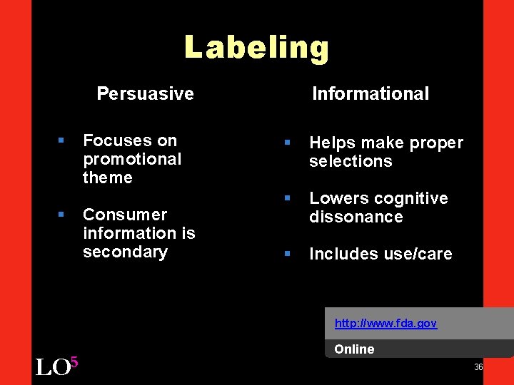 Labeling Persuasive § § Focuses on promotional theme Consumer information is secondary Informational §