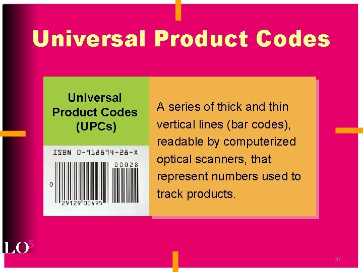 Universal Product Codes (UPCs) LO 5 A series of thick and thin vertical lines