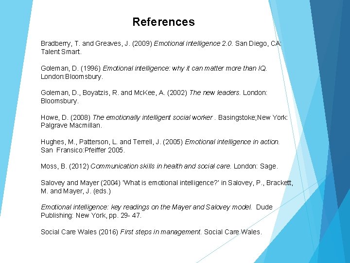 References Bradberry, T. and Greaves, J. (2009) Emotional intelligence 2. 0. San Diego, CA: