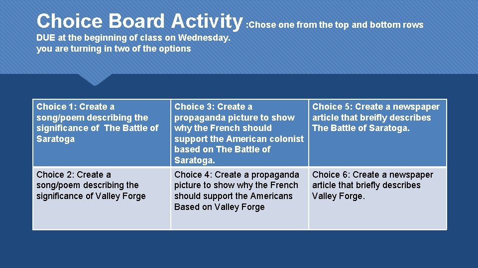 Choice Board Activity : Chose one from the top and bottom rows DUE at