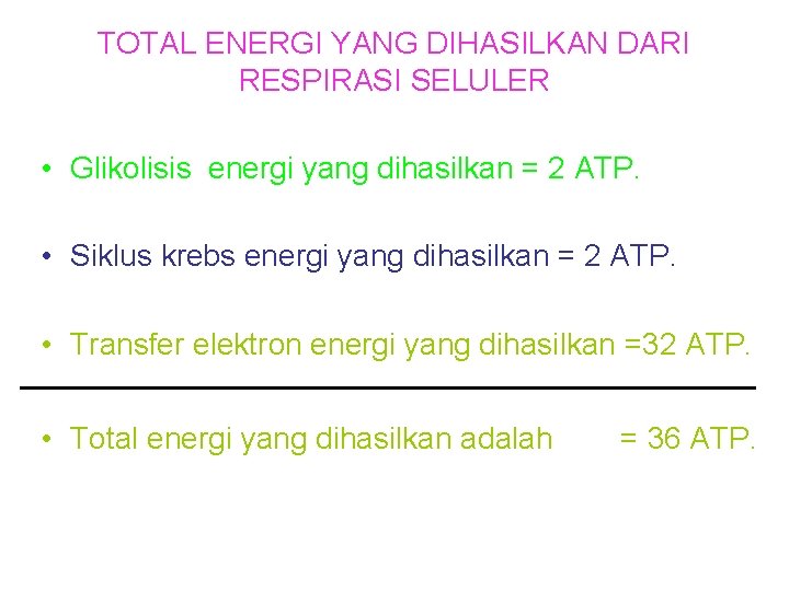 TOTAL ENERGI YANG DIHASILKAN DARI RESPIRASI SELULER • Glikolisis energi yang dihasilkan = 2